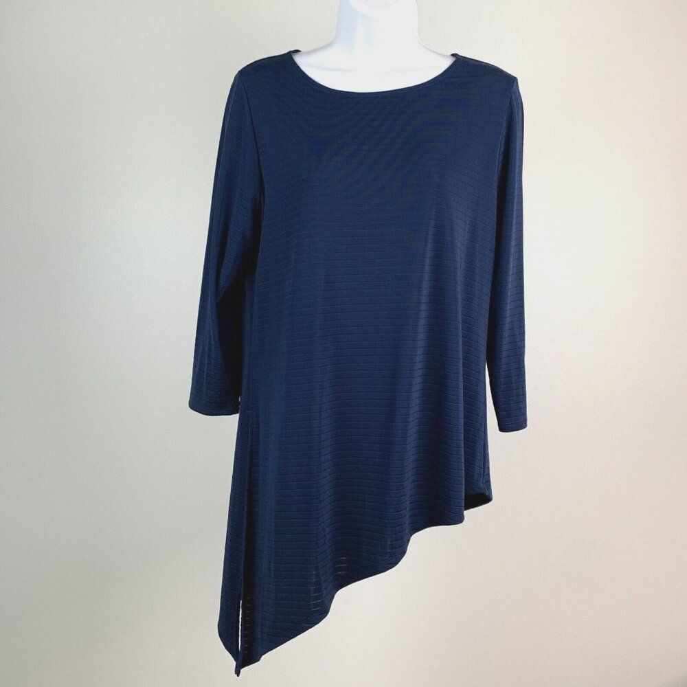 Chico's Easywear Top sz 1 (8) 3/4 Sleeve Blue Asymmetrical Hem Tunic